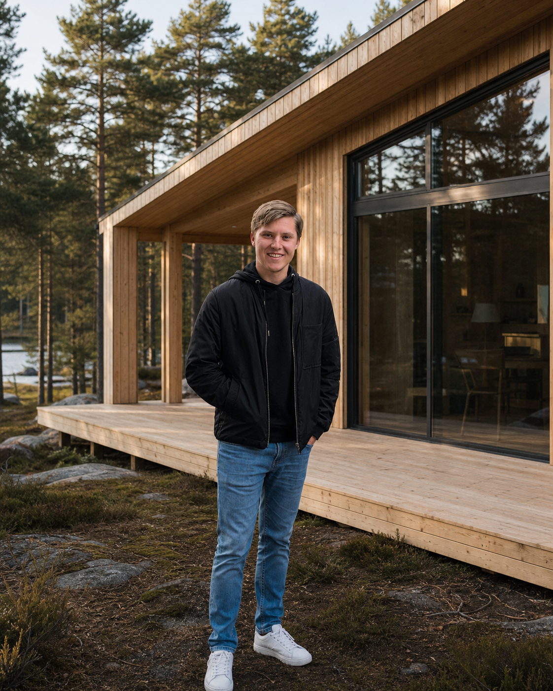 Walter framför en färdig trästuga i skogen