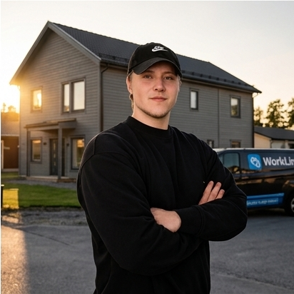 Walter Neuman framför ett färdigbyggt hus